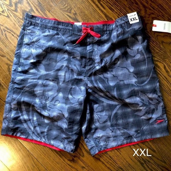 SPEEDO Mens Black Grey Blue Blue Swim Trunks With Red Piping Sz XXL / 2XL